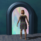 Young girl in dress at glowing portal in ancient stone chamber