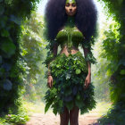 Woman with Large Afro in Green Leaf Dress in Sunlit Forest