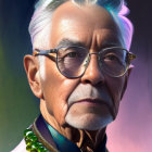 Elderly Man Portrait with White Hair, Mustache, Glasses, and Lei