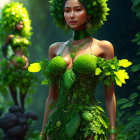 Nature-inspired woman in leafy ensemble symbolizing forest spirit.