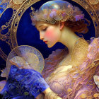 Regal woman in crown gazes into crystal ball on blue background