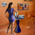 Illustration of woman in blue dress in cafe with orange walls and coffee table