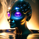 Futuristic digital art: Female figure with glowing purple eyes, starry skin texture, submerged in