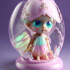 Whimsical 3D fairy character in pink dome with lace and gold details