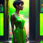 Woman in green dress by door under colorful lights with raindrops