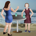 Two cartoon women in retro dresses toasting by table at seaside