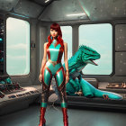 Futuristic woman in spaceship with mountain view and dinosaur creature