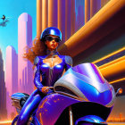 Futuristic female motorcyclists in blue and purple suits with helmets in cityscape scene