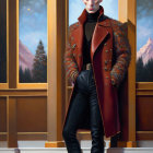 Stylized painting of bald person in fur coat by windows