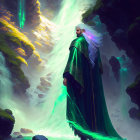 Long-haired figure in green cloak by illuminated waterfall