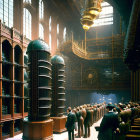 Steampunk-inspired hall with vintage crowd and intricate machinery