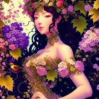 Digital artwork: Woman with floral headdress in lush flower setting.