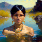 Person with Short Dark Hair and Glasses in Water with Mountain Backdrop