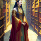 Regal figure in golden crown in library setting