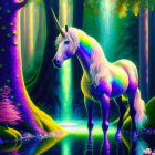 Multicolored unicorn by creek in enchanted forest