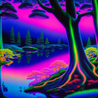 Vivid Neon Landscape with Otherworldly Trees and Tranquil Lake