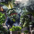 Whimsical kale creature cooking in kitchen with googly eyes