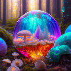 Fantasy forest scene with oversized iridescent bubble and frost-covered trees