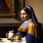 Woman in blue and yellow garment with teapot and cappuccino at table against classic painting backdrop