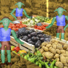 Green aliens with pointed ears selling fruits in rural setting.