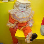 Colorful Clown in Orange Costume on Yellow Stairs