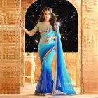 Stylized woman in futuristic blue-gold sari on cosmic background