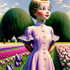 Colorful painting of young girl in purple dress among tulip fields with oversized fruit and small house.