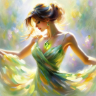 Colorful Woman in Flowing Dress Surrounded by Pastel Swirls