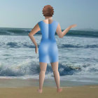 Woman in Blue Dress on Sandy Beach Facing Ocean Waves