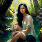 Woman with glasses sitting by sunlit forest stream surrounded by lush trees