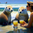 Woman in sunhat with two polar bears on sunny beach