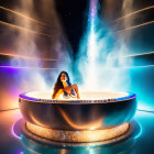 Futuristic woman in neon-lit tub with steam in space theme