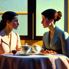 Elegantly dressed women having tea at table with sunlight and shadows.