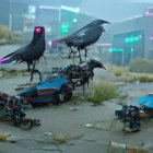 Iridescent crows on futuristic device in neon-lit sci-fi cityscape