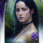 Dark-haired woman with choker and purple flower submerged in water with raindrops and petals.