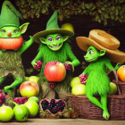 Colorful animated characters in a fruit-filled garden setting