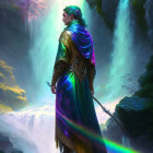 Majestic figure in iridescent robes by a waterfall