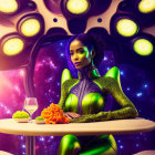 Futuristic woman in cosmic setting with circular lights