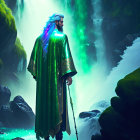 Majestic figure in green cloak by waterfall with staff and ethereal light