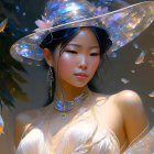 Iridescent Hat Woman Surrounded by Floating Fish