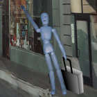 Humanoid robot waving on city sidewalk at dusk with suitcase, streetlights, towering buildings.