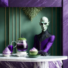 Stylized humanoid alien with green skin at modern table with tea and desserts