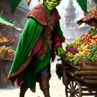 Vibrant green goblin with fruits in bustling market