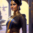 Illustrated woman in traditional Indian attire with futuristic cityscape backdrop.