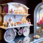 Whimsical winter-themed dessert table with bicycle wheel shelves, pink flowers, white cake, and candles