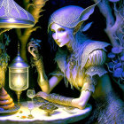 Fantasy elf in silver armor surrounded by mushrooms and lanterns