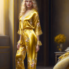 Woman in golden floral jumpsuit basks in sunlight by window