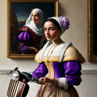 Renaissance-themed woman on scooter next to portrait in purple attire