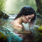 Woman in water surrounded by nature with cascading water droplets