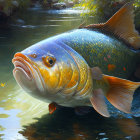 Colorful digital artwork of large fish swimming in freshwater stream